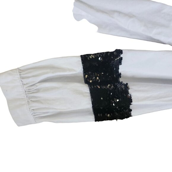 SIMON CHANG POP CRISP WHITE BUTTON DOWN SHIRT W/ BLACK SEQUINS SIZE LARGE - Picture 2 of 4